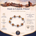 1. Baltic Honey Amber Bracelet in Sterling Silver infographic showing the bracelet, materials, and product details.