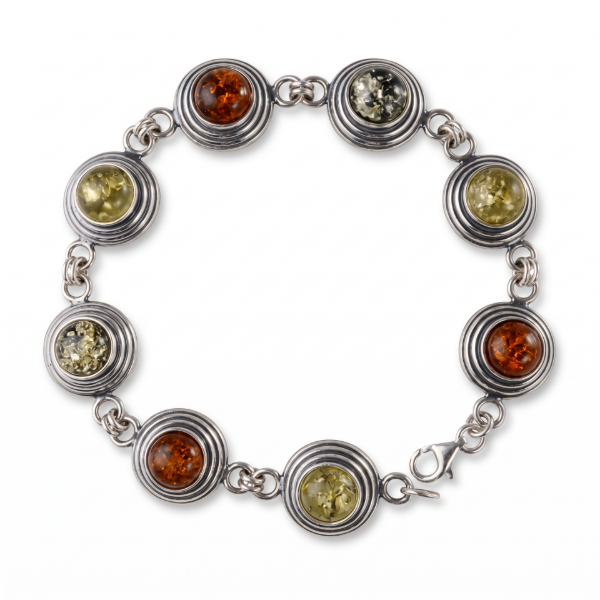 Multicolor Baltic Amber Bracelet in Sterling Silver displayed on a white background.