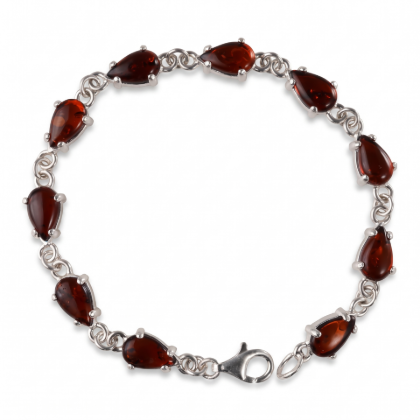 “Gladie” Baltic Honey Amber Pear-Shaped Bracelet in Sterling Silver displayed on a white background.“Gladie” Baltic Honey Amber Pear-Shaped Bracelet in Sterling Silver displayed on a white background.