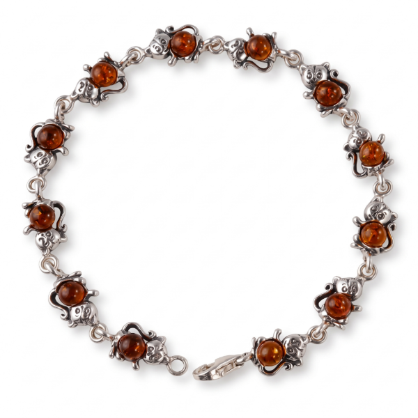 “Cats” Baltic Honey Amber Bracelet in Sterling Silver displayed on a white background.