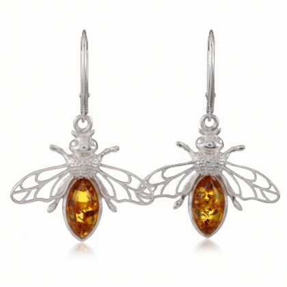 Pair of GIA Certified Bumble Bee Baltic Honey Amber Drop Earrings in Sterling Silver displayed on a white background.