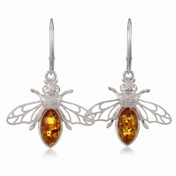 Pair of GIA Certified Bumble Bee Baltic Honey Amber Drop Earrings in Sterling Silver displayed on a white background.
