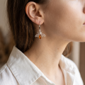 GIA Certified Bumble Bee Baltic Honey Amber Drop Earrings in Sterling Silver worn on a model, shown in a close-up side view.