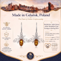 1. GIA Certified Bumble Bee Baltic Honey Amber Drop Earrings in Sterling Silver infographic showing the earrings, certification, materials, and product details.