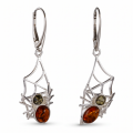 Pair of “Spider on the Web” Baltic Honey Amber Drop Earrings in Sterling Silver displayed on a white background.