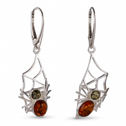 Pair of “Spider on the Web” Baltic Honey Amber Drop Earrings in Sterling Silver displayed on a white background.