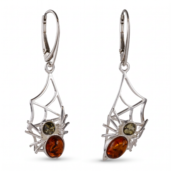 Pair of “Spider on the Web” Baltic Honey Amber Drop Earrings in Sterling Silver displayed on a white background.