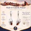 1. “Spider on the Web” Baltic Honey Amber Drop Earrings in Sterling Silver infographic showing the earrings, materials, and product details.