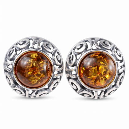 Pair of “Ida” Baltic Honey Amber Round Stud Earrings in Sterling Silver displayed on a white background.