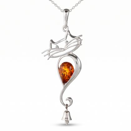 Baltic Amber Lucky Cat Pendant Necklace in Sterling Silver displayed on a white background.