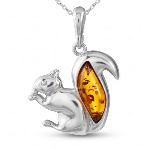 Baltic Honey Amber Squirrel Pendant in Sterling Silver displayed on a white background.