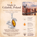 1. Baltic Honey Amber Squirrel Pendant in Sterling Silver infographic showing the pendant, materials, and product details.