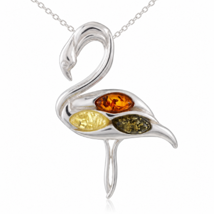 Multicolor Baltic Amber Flamingo Pendant in Sterling Silver displayed on a white background.Multicolor Baltic Amber Flamingo Pendant in Sterling Silver displayed on a white background.