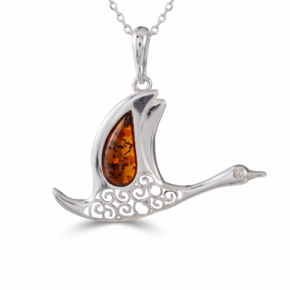 Multicolor Baltic Amber Flamingo Pendant in Sterling Silver displayed on a white background.
