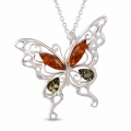 “Butterfly” Multicolor Baltic Amber Pendant in Sterling Silver displayed on a white background.