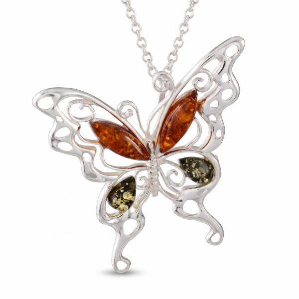 “Butterfly” Multicolor Baltic Amber Pendant in Sterling Silver displayed on a white background.