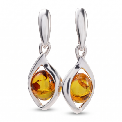 Pair of Baltic Honey Amber Earrings in Sterling Silver displayed on a white background.