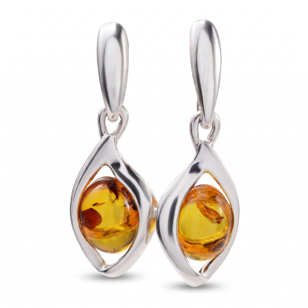 Pair of Baltic Honey Amber Earrings in Sterling Silver displayed on a white background.