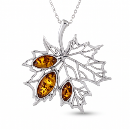 “Maple Leaf” Baltic Honey Amber Pendant in Sterling Silver displayed on a white background.