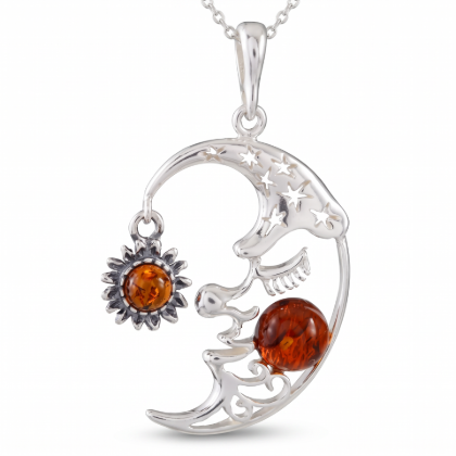 “Crescent Moon” Baltic Honey Amber Pendant in Sterling Silver displayed on a white background.