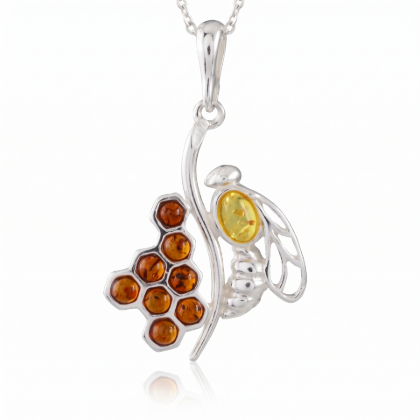 “Honeycomb Bee” Baltic Honey Amber Pendant in Sterling Silver displayed on a white background.