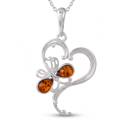 “Butterfly Heart” Baltic Honey Amber Pendant in Sterling Silver displayed on a white background.