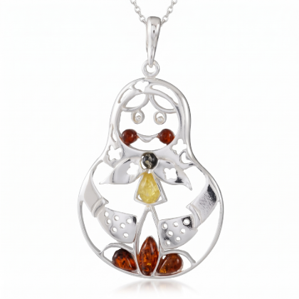 “Matryoshka” Multicolor Baltic Amber Pendant in Sterling Silver displayed on a white background.