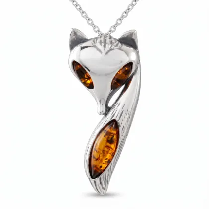 “Fox” Baltic Honey Amber Pendant in Sterling Silver displayed on a white background.