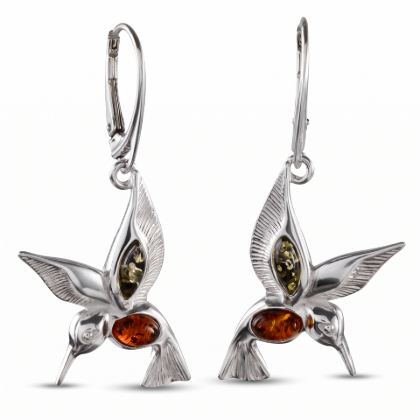 GIA Certified “Hummingbirds” Baltic Amber Drop Earrings in Sterling Silver worn by a model, shown in a close-up view of the ear.