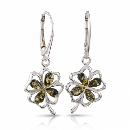 Baltic Green Amber Shamrock Drop Earrings in Sterling Silver worn by a model, shown in a close-up view of the ear.