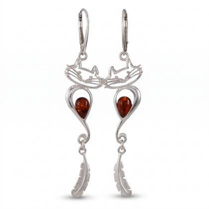 Baltic Amber Cat Lucky Cat Drop Earrings in Sterling Silver worn by a model, shown in a close-up view of the ear.