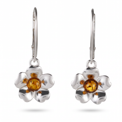 Baltic Honey Amber Rose Rose Mallow Drop Earrings in Sterling Silver worn by a model, shown in a close-up view of the ear.