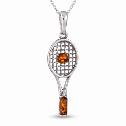 Baltic Honey Amber Tennis Racket Pendant in Sterling Silver worn on a chain, shown in a close-up view of the neck and collarbone.