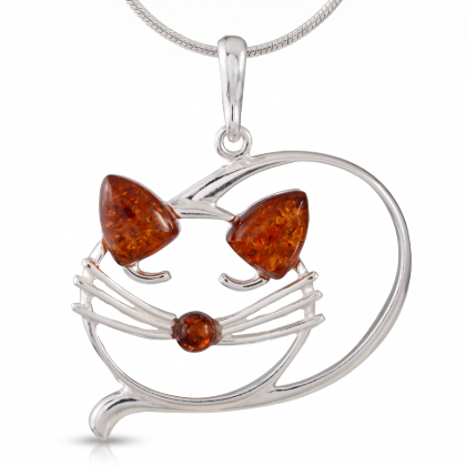 Baltic Honey Amber Cat Lucky Cat Pendant Necklace in Sterling Silver worn by a model, shown in a close-up view of the neck and collarbone.