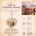 1. Baltic Amber Heart Pendant in Sterling Silver infographic showing the pendant, materials, and product details.