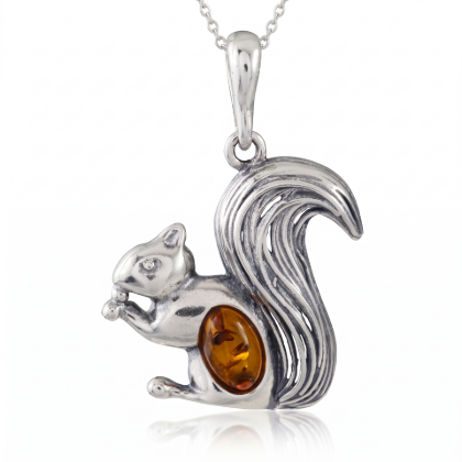 Baltic Honey Amber Squirrel Pendant Necklace in Sterling Silver displayed on a white background.