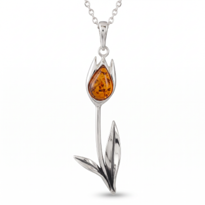 Baltic Honey Amber Tulip Pendant in Sterling Silver displayed on a white background.
