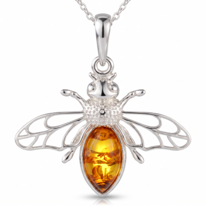 GIA Certified Baltic Amber Bumblebee Pendant Necklace in Sterling Silver displayed on a white background.