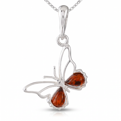 Baltic Honey Amber Butterfly Pendant in Sterling Silver displayed on a white background.