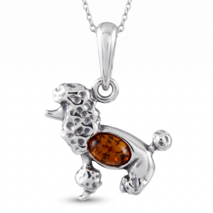 Baltic Honey Amber Poodle Pendant in Sterling Silver displayed on a white background.
