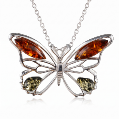 Baltic Honey Amber Butterfly Pendant in Sterling Silver displayed on a white background.