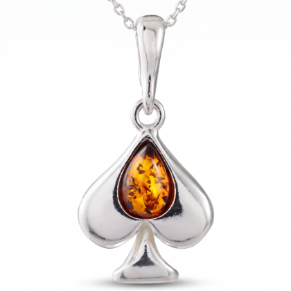 Baltic Honey Amber Ace of Spades Pendant in Sterling Silver displayed on a white background.