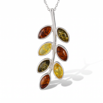 Multicolor Baltic Amber Pendant in Sterling Silver displayed on a white background.