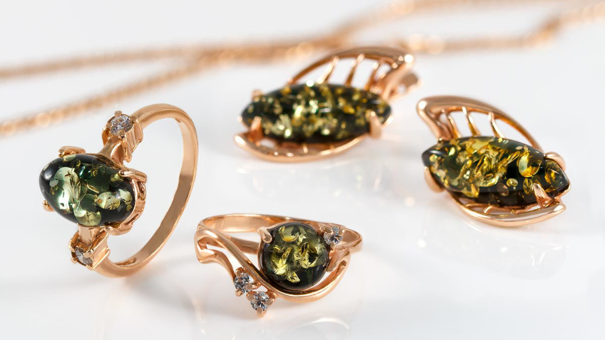 Green Amber Rings In Gold