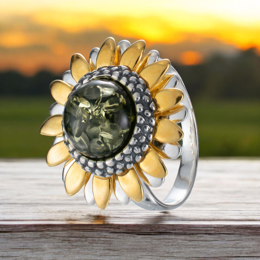 green amber flower ring.